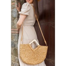 Fashion Cocktail Simli Geometrik Kare Askı Büzgü Astarlı Kadın Hasır Çanta