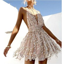 Fashion Cocktail Kemerli Sallantı Pullu Çapraz Askı Kendinden Kemerli Dekolteli Elbise