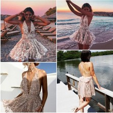 Fashion Cocktail Kemerli Sallantı Pullu Çapraz Askı Kendinden Kemerli Dekolteli Elbise