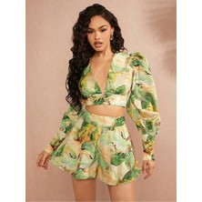 Fashion Cocktail Çiçekli Jungle Prenses Uzun Kol Düğmeli Crop Bluz Çan Şort Takım