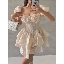 Fashion Cocktail Orta Çağ Kabarık Balon Kol Kabartma Kumaş Süper Mini Elbise Krem