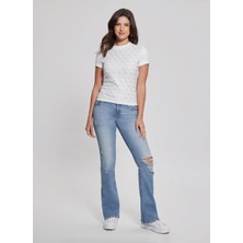 Guess Dik Yaka Desenli Beyaz Kadın T-Shirt Ss Mock Neck All Ove - Mıd Organıc