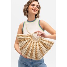 Fashion Cocktail Yarım Daire Astarlı Aralıklı Çift Iki Renk Yazlık Yumuşak Omuz Askılı Hasır Çanta