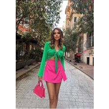 Fashion Cocktail Saten Önden Bağlamalı Dekolte Sexy Gece Kokteyl Kombin Uzun Kol Krop Bluz