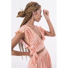 Fashion Cocktail Çiçekli Viskon Fırfırlı Bağlamalı Lastikli Bohem Yazlık Bluz Mini Etek Ikili Takım