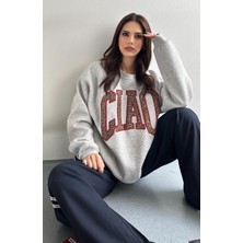 Cıao Büyük Fontlu Leopar Desen Yazılı Salaş Bol Kadın Kışlık Ofis Kolej Sweat