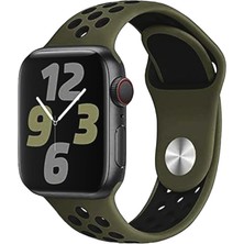 FirstModel Apple Watch Delikli Nike Spor Silikon Kordon ( Seri 10 / 11 - 42 mm Uyumlu) Asker Yeşil Siyah