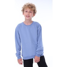 Zuzunga Oversize Basic Düz Mavi Renk %100 Pamuk Sweatshirt Uzun Kol Çocuklar İçin