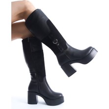 Modabuymus Poyel Siyah Tokalı Kalın Platform Topuklu Rahat Tokalı Günlük Çizme