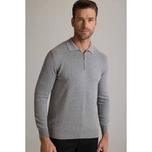 Erkek Gri Polo Yaka Fermuarlı Triko