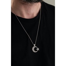 TMT Silver 29 mm Gümüş Ay Yıldız Bayrak Eskitme Işlemeli Erkek Kolye
