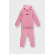 Zuzunga Kapüşonlu Hello Nakış Baskılı Basic Pembe Çocuk Eşofman Takımı