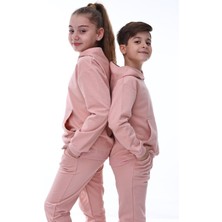 Zuzunga Basic Kapüşonlu 2 Iplik Şardonlu Kanguru Cepli Çocuk Eşofman Takımı 3-10 Yaş Pudra