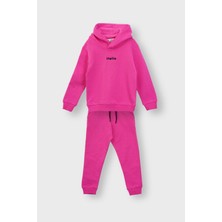 Kapüşonlu Hello Nakış Baskılı Basic Pembe Çocuk Eşofman Takımı