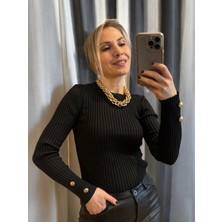 Aylish Siyah Gold Düğme Detaylı Triko