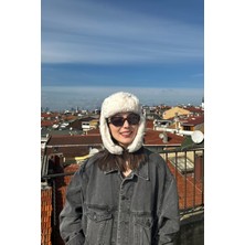Kadın Içi Polarlı Beyaz Kürklü Peluş Kışlık Pilot Şapka