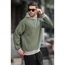 Haki Renk Bloklu Kapüşonlu Sweatshirt 7073