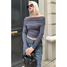 Füme Büzgülü Kayık Yaka Kadın Bodysuit MG2250