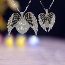 Siyah Beyaz Taşlı Kişiye Özel İsimli Melek Kanadı Gümüş Kolye