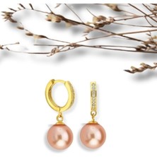 BymissMücevherat Şık Gold Renk Pembe Inci Taşlı 925 Ayar Gümüş Küpe