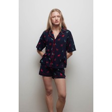 Kadın Pamuklu Kısa Kollu Gömlek Pijama Üstü