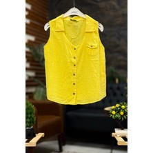 Yakallı Cepli Tahta Düğmeli Keten Yelek