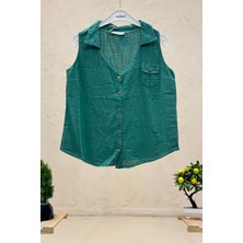 Yakallı Cepli Tahta Düğmeli Keten Yelek