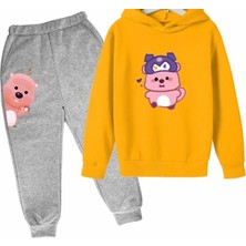 Kids Face Özel Tasarım Kapüşonlu Kuromi Şapkalı Sincap Baskılı Kışlık Kız Çocuk Eşofman Takımı