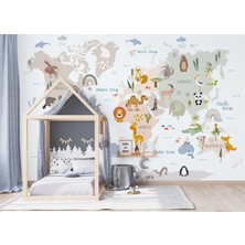 Wall Decorium Eğitici Dünya Haritası Sevimli Hayvanlar Çocuk Odası Duvar Kağıdı