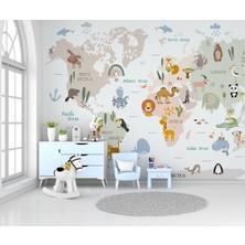 Wall Decorium Eğitici Dünya Haritası Sevimli Hayvanlar Çocuk Odası Duvar Kağıdı