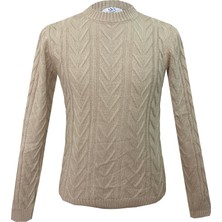 Süvari Bol Kesim Hafif Balıkçı Yaka Yürütmeli Bej Örgü Kazak