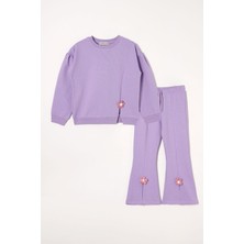 Bisiklet Yaka Uzun Kol Yırtmaçta Papatya Detaylı Uzun Kollu Lila Renk Kız Çocuk Eşofman Takımı