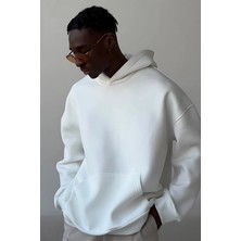 Guaraz Beyaz Unısex Yumuşacık Kumaşlı Oversize Fit Ici Polarlı Basic Kapüşonlu Sweatshirt Hoodie