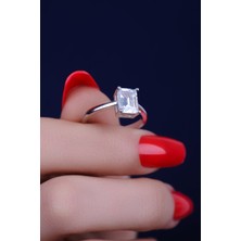 Encili Silver 925 Ayar Gümüş Dikdörtgen Model Tek Taş Kadın Yüzük