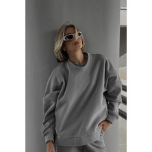 Guaraz Gri Unisex Bisiklet Yaka Oversize Örme Kalın ve Yumuşak Dokulu Basıc Sweatshirt