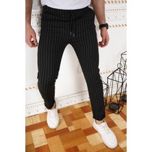 Italyan Kesim Beyaz Çizgili Belden Lastikli Siyah Jogger Pantolon