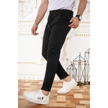 Italyan Kesim Beyaz Çizgili Belden Lastikli Siyah Jogger Pantolon