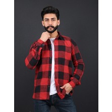 Erkek Slim Fit Kırmızı Siyah Dügmeli Oduncu Gömlek