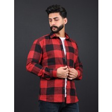 Erkek Slim Fit Kırmızı Siyah Dügmeli Oduncu Gömlek