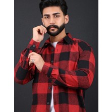 Erkek Slim Fit Kırmızı Siyah Dügmeli Oduncu Gömlek