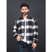 Erkek Slim Fit Siyah Beyaz Çizgili Dügmeli Oduncu Gömlek