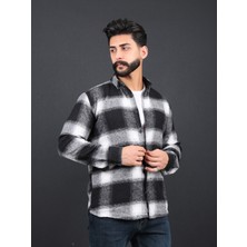 Erkek Slim Fit Siyah Beyaz Çizgili Dügmeli Oduncu Gömlek