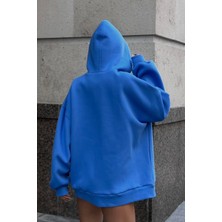 Saks Mavi Unısex Yumuşacık Kumaşlı Oversize Fit Ici Polarlı Kapüşonlu Sweatshirt Hoodie