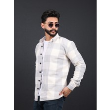 Erkek Slim Fit Beyaz Gri Dügmeli Oduncu Gömlek