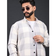Erkek Slim Fit Beyaz Gri Dügmeli Oduncu Gömlek