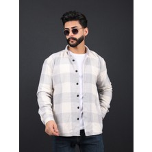 Erkek Slim Fit Beyaz Gri Dügmeli Oduncu Gömlek