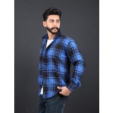Erkek Slim Fit Mavi Siyah Çizgili Dügmeli Oduncu Gömlek