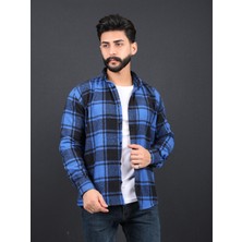 Erkek Slim Fit Mavi Siyah Çizgili Dügmeli Oduncu Gömlek
