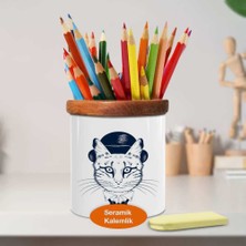 Asilmeydan Hipster Şapkalı Kedi Ahşap Seramik Kalemlik - 2147494010