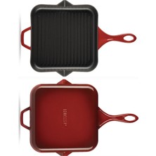 2li Döküm Tava Set Kırmızı 24 cm Yuvarlak + 28 cm Kare Grill